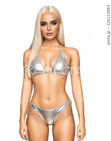 Silver metallic bikini with a halter neck top adorned with small studs and matching high-cut bottoms. The shimmering silver fabric 126113863