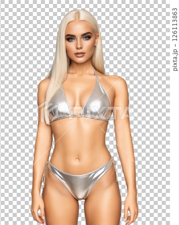 Silver metallic bikini with a halter neck top adorned with small studs and matching high-cut bottoms. The shimmering silver fabric 126113863