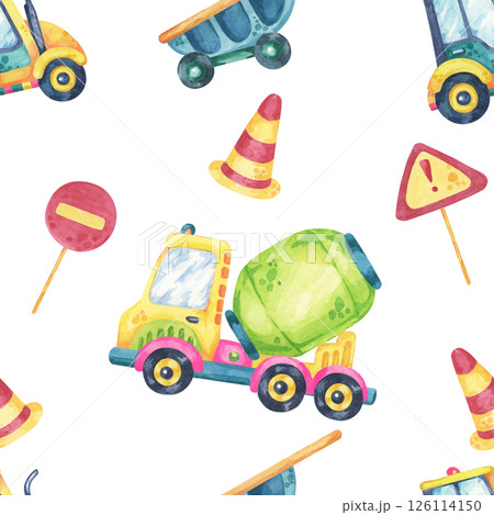 Watercolor dump trucks and cement mixers with road elements in a seamless pattern. Great for textiles, home decor, themed party supplies, and childrens stationery 126114150