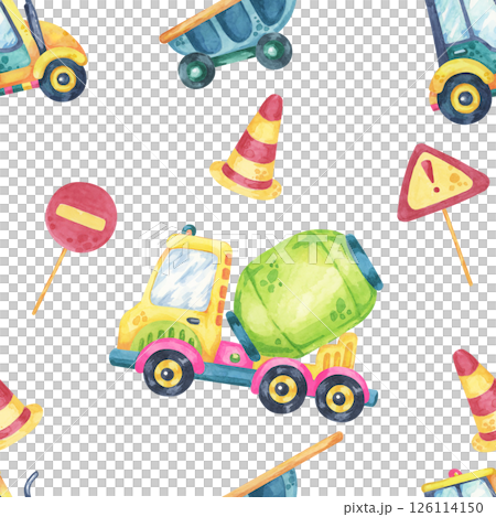 Watercolor dump trucks and cement mixers with road elements in a seamless pattern. Great for textiles, home decor, themed party supplies, and childrens stationery 126114150