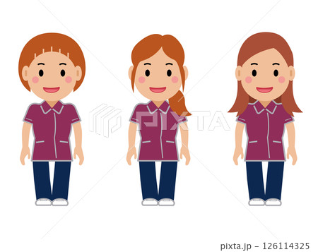 笑顔で両手を下ろし、えんじ色の制服を着た看護師の女性。その2 笑顔で両手を下ろし、えんじ色の制服を着た看護師の女性。その2 126114325
