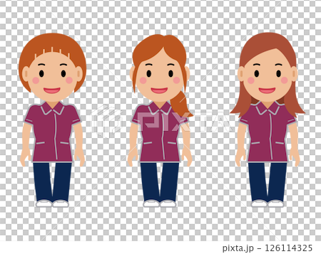 笑顔で両手を下ろし、えんじ色の制服を着た看護師の女性。その2 笑顔で両手を下ろし、えんじ色の制服を着た看護師の女性。その2 126114325