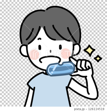 Illustration of a child wearing a mouthpiece for pediatric orthodontics 126114519