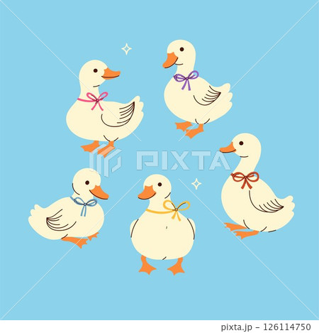 Set of cute white ducks with bows on their necks. Vector graphics. 126114750