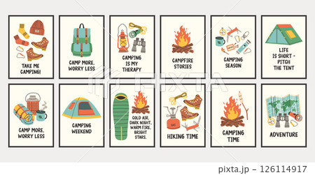 Vertical simple camping poster big set. Summer outdoor activity brochure with hiking and camping logo, nature recreation concept. Flyer banner for forest adventure, summer travel camp illustration. 126114917