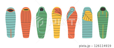 Sleeping bag set. Simple sleeping bag collection for outdoor. Various styles and colors suitable for different weather conditions. Sleeping bag set. Simple sleeping bag collection for outdoor. Various styles and colors suitable for different weather conditions. 126114919