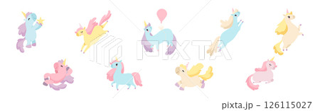 Cute Unicorn with Twisted Horn and Mane Vector Set 126115027