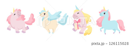 Cute Unicorn with Twisted Horn and Mane Vector Set Cute Unicorn with Twisted Horn and Mane Vector Set 126115028