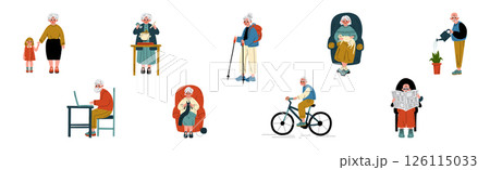 Active Senior Man and Woman Character Enjoy Different Activity Vector Set 126115033