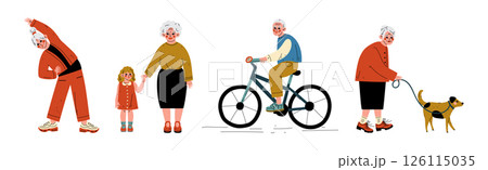 Active Senior Man and Woman Character Enjoy Different Activity Vector Set 126115035