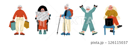 Active Senior Man and Woman Character Enjoy Different Activity Vector Set 126115037