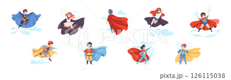 Boy and Girl Superhero Wearing Cloak and Cape Vector Set 126115038