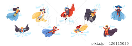 Boy and Girl Superhero Wearing Cloak and Cape Vector Set 126115039