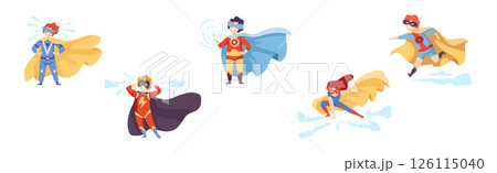 Boy and Girl Superhero Wearing Cloak and Cape Vector Set 126115040