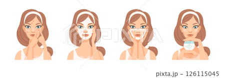 Woman Enjoy Skin Care Routine Daily Procedure Vector Set 126115045