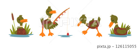 Funny Green Duck Character as Feathered Waterfowl Bird Vector Set 126115055