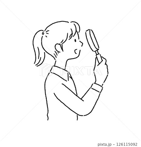 虫眼鏡を覗いている女性　線画 126115092