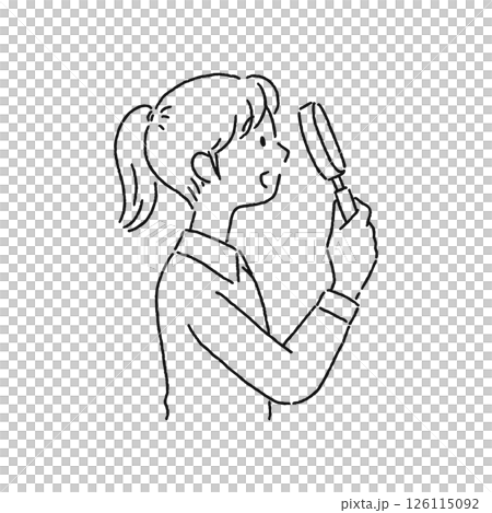 虫眼鏡を覗いている女性　線画 126115092