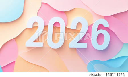 Minimalist pastel background with white paper-cut 2026 and soft shadows - perfect for clean and stylish New Year visuals or elegant branding. 126115423