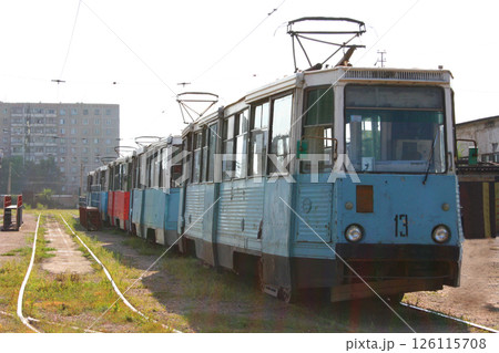 Old Colourful Tram In Motion in a City  126115708