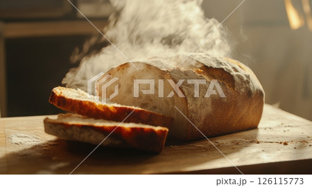 Bakers hands dust powdered sugar over a chocolate cake in dramatic light. Elegant scene for dessert, baking, and gourmet themes. 126115773