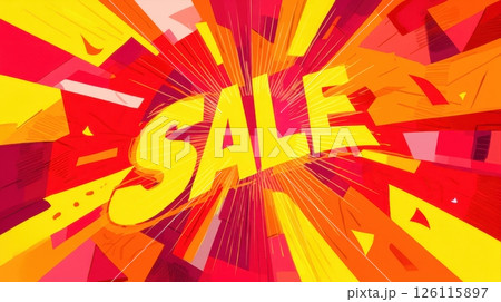 Bright red, yellow, and orange hues create an energetic sale background with dynamic light rays. Ideal for commercial ads and event promotions to attract attention during shopping seasons. 126115897