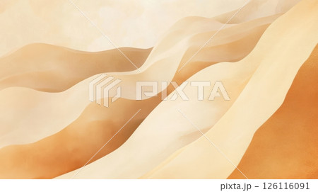 Desert-inspired abstract background with wavy sand textures, soft burnt orange and beige tones, minimalist layout with airy negative space for travel branding and text. 126116091