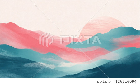 Modern travel background with abstract mountains and brush strokes, designed for hiking and tourism campaigns. 126116094