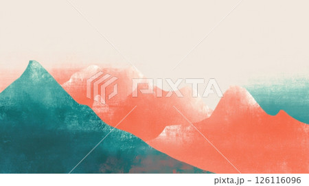 Layered peaks with coral and teal gradients in abstract travel backdrop ideal for adventure ads and tour flyers. 126116096