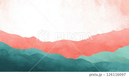 Layered peaks with coral and teal gradients in abstract travel backdrop ideal for adventure ads and tour flyers. 126116097