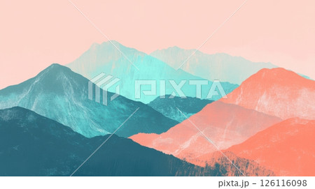 Abstract mountain-themed background with sunrise colors and open center for text, perfect for outdoor travel promotions. 126116098