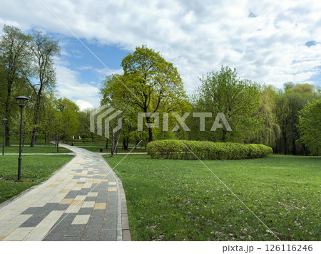 Beautiful city park with modern patterned walking path, lush green trees and bushes, and streetlights along the trail. Peaceful natural environment perfect for recreation and relaxation Beautiful city park with modern patterned walking path, lush green trees and bushes, and streetlights along the trail. Peaceful natural environment perfect for recreation and relaxation 126116246
