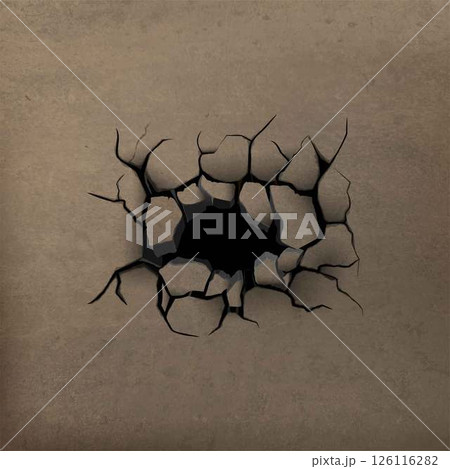 Realistic hole and crack in broken concrete wall. Damage effect. Realistic hole and crack in broken concrete wall. Damage effect. 126116282