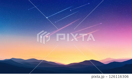 Dreamy space-inspired background with smooth curves and colorful meteors. 126116306