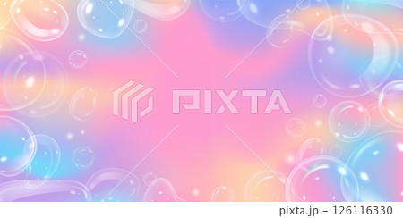 Vector 3D illustration of abstract rainbow banner with soap bubbles. 126116330