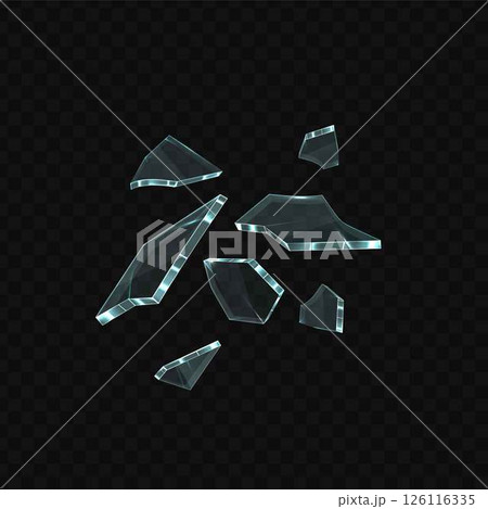 Broken glass shatter and pieces, vector 3d realistic explode window shard fragments, flying transparent sharp debris Broken glass shatter and pieces, vector 3d realistic explode window shard fragments, flying transparent sharp debris 126116335