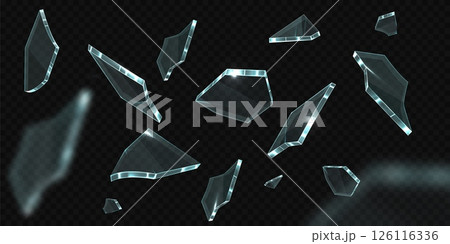 Exploding flying shards of broken glass, different shapes and sharp jagged edges. 126116336