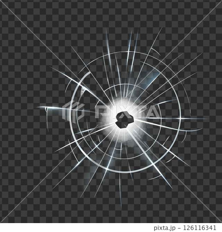 Broken glass shatter and hole, vector realistic screen cracked overlay effect on transparent background, window splits 126116341