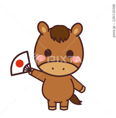 扇子を持った馬のかわいいキャラクター　イラスト素材 126116386