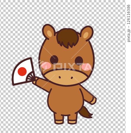 扇子を持った馬のかわいいキャラクター　イラスト素材 126116386