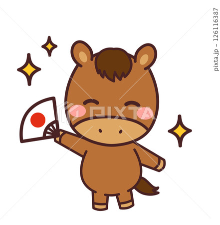 扇子を持った馬のかわいいキャラクター　イラスト素材 126116387