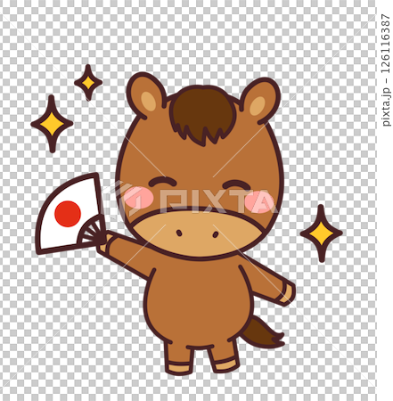 扇子を持った馬のかわいいキャラクター　イラスト素材 126116387
