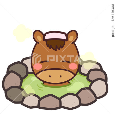 温泉に入る馬のかわいいキャラクター　イラスト素材 126116388
