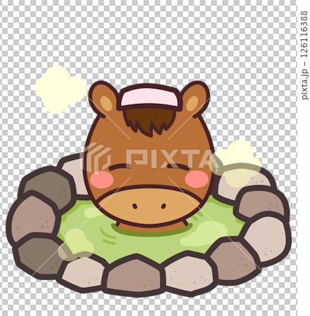 温泉に入る馬のかわいいキャラクター　イラスト素材 126116388