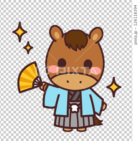 扇子を持った馬のかわいいキャラクター　着物　イラスト素材 126116394