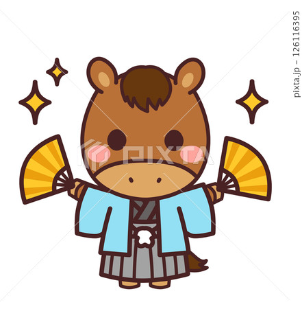 両手に扇子を持った馬のかわいいキャラクター　着物　イラスト素材 126116395
