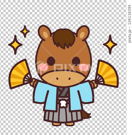 両手に扇子を持った馬のかわいいキャラクター　着物　イラスト素材 126116395