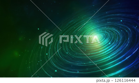 Neon radiation waves in concentric light patterns with glowing energy effect on dark sci-fi background. 126116444