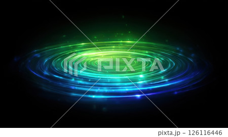 Glowing abstract radiation waves, concentric light circles, pulsing energy field in dark background, neon green and electric blue, science fiction vibes 126116446