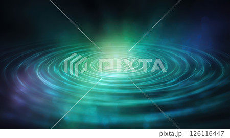 Glowing abstract radiation waves, concentric light circles, pulsing energy field in dark background, neon green and electric blue, science fiction vibes 126116447